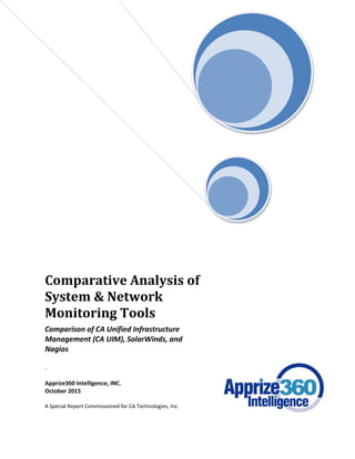 Comparative Analysis of
System & Network
Monitoring Tools
Comparison of CA Unified Infrastructure
Management (CA UIM), SolarWinds, and
Nagios
.
Apprize360 Intelligence, INC.
October 2015
A Special Report Commissioned for CA Technologies, Inc.
 