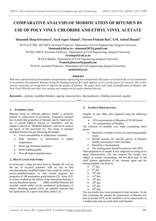 Comparative analysis of modification of bitumen by use of poly vinly