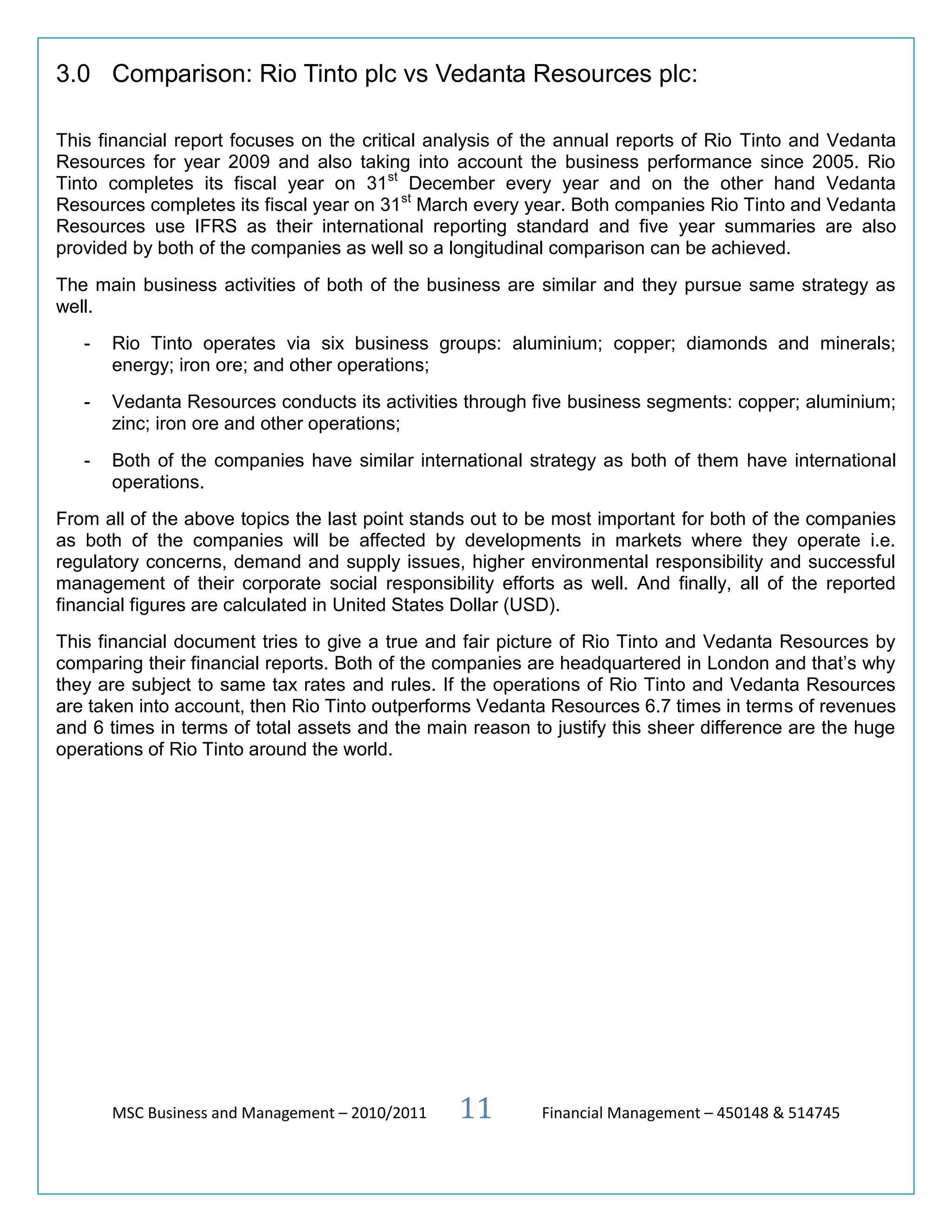 Comparative analysis of rio tinto and vedanta resources | PDF