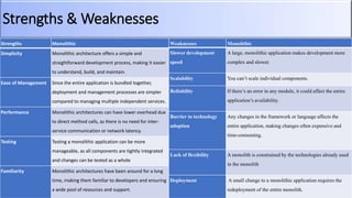 Strengths & Weaknesses
Strengths Monolithic
Simplicity Monolithic architecture offers a simple and
straightforward development process, making it easier
to understand, build, and maintain.
Ease of Management Since the entire application is bundled together,
deployment and management processes are simpler
compared to managing multiple independent services.
Performance Monolithic architectures can have lower overhead due
to direct method calls, as there is no need for inter-
service communication or network latency.
Testing Testing a monolithic application can be more
manageable, as all components are tightly integrated
and changes can be tested as a whole
Familiarity Monolithic architectures have been around for a long
time, making them familiar to developers and ensuring
a wide pool of resources and support.
Weaknesses Monolithic
Slower development
speed
A large, monolithic application makes development more
complex and slower.
Scalability You can’t scale individual components.
Reliability If there’s an error in any module, it could affect the entire
application’s availability.
Barrier to technology
adoption
Any changes in the framework or language affects the
entire application, making changes often expensive and
time-consuming.
Lack of flexibility A monolith is constrained by the technologies already used
in the monolith
Deployment A small change to a monolithic application requires the
redeployment of the entire monolith.
 