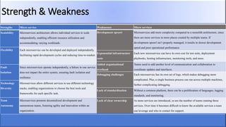 Strength & Weakness
Strengths Micro service
Scalability Microservices architecture allows individual services to scale
independently, enabling efficient resource utilization and
accommodating varying workloads.
Flexibility Each microservice can be developed and deployed independently,
facilitating rapid development cycles and reducing time-to-market.
Fault
Isolation
Since microservices operate independently, a failure in one service
does not impact the entire system, ensuring fault isolation and
resilience
Technology
Diversity
Microservices allow different services to use different technology
stacks, enabling organizations to choose the best tools and
frameworks for each specific task.
Team
Autonomy
Microservices promote decentralized development and
autonomous teams, fostering agility and innovation within an
organization.
Weaknesses Micro services
Development sprawl Microservices add more complexity compared to a monolith architecture, since
there are more services in more places created by multiple teams. If
development sprawl isn’t properly managed, it results in slower development
speed and poor operational performance
Exponential infrastructure
costs
Each new microservice can have its own cost for test suite, deployment
playbooks, hosting infrastructure, monitoring tools, and more.
Added organizational
overhead
Teams need to add another level of communication and collaboration to
coordinate updates and interfaces.
Debugging challenges Each microservice has its own set of logs, which makes debugging more
complicated. Plus, a single business process can run across multiple machines,
further complicating debugging.
Lack of standardization Without a common platform, there can be a proliferation of languages, logging
standards, and monitoring.
Lack of clear ownership As more services are introduced, so are the number of teams running those
services. Over time it becomes difficult to know the available services a team
can leverage and who to contact for support.
 