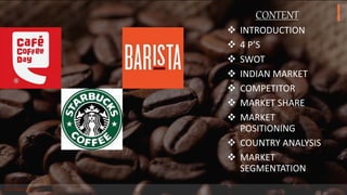 2
Your Coffee Shop
CONTENT
 INTRODUCTION
 4 P’S
 SWOT
 INDIAN MARKET
 COMPETITOR
 MARKET SHARE
 MARKET
POSITIONING
...