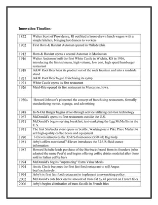 Innovation Timeline:-
1872 Walter Scott of Providence, RI outfitted a horse-drawn lunch wagon with a
simple kitchen, bringing hot dinners to workers
1902 First Horn & Hardart Automat opened in Philadelphia
1912 Horn & Hardart opens a second Automat in Manhattan
1916 Walter Anderson built the first White Castle in Wichita, KS in 1916,
introducing the limited menu, high volume, low cost, high speed hamburger
restaurant
1919 A&W Root Beer took its product out of the soda fountain and into a roadside
stand
1921 A&W Root Beer began franchising its syrup
1921 White Castle opens its first restaurant
1926 Maid-Rite opened its first restaurant in Muscatine, Iowa.
1930s Howard Johnson's pioneered the concept of franchising restaurants, formally
standardizing menus, signage, and advertising
1948 In-N-Out Burger begins drive-through service utilizing call-box technology
1967 McDonald's opens its first restaurants outside the U.S.
1971 McDonald's begins serving breakfast, test-marketing the Egg McMuffin in the
U.S.
1971 The first Starbucks store opens in Seattle, Washington in Pike Place Market to
sell high-quality coffee beans and equipment
1980 7-Eleven introduces the 32-US-fluid-ounce (950 ml) Big Gulp
1981 Arby's offers nutritional7-Eleven introduces the 32-US-fluid-ounce
information
1987 Howard Schultz leads purchase of the Starbucks brand from its founders (who
adopted the name Peet's) and begins offering coffee drinks modeled after those
sold in Italian coffee bars
1994 McDonald's begins "supersizing" Extra Value Meals
1994 Arctic Circle becomes the first fast food restaurant to sell Angus
beef exclusively.
1994 Arby's is first fast food restaurant to implement a no-smoking policy
2002 McDonald's cuts back on the amount of trans fat by 48 percent on French fries
2006 Arby's begins elimination of trans fat oils in French fries
 