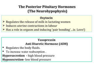 The Posterior Pituitary HormonesThe Posterior Pituitary Hormones
((The Neurohypophysis)The Neurohypophysis)
Vasopressin
Anti Diuretic Hormone (ADH)
 Regulates the body fluids.
 To increase water reabsorption .
Hypersecretion - high blood pressure
Hyposecretion- low blood pressure
Oxytocin
 Regulates the release of milk in lactating women
 Induces uterine contractions in labour
 Has a role in orgasm and inducing 'pair bonding'…ie. Love!)
 