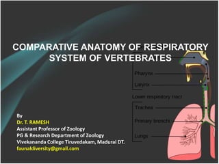 COMPARATIVE ANATOMY OF RESPIRATORY
SYSTEM OF VERTEBRATES
By
Dr. T. RAMESH
Assistant Professor of Zoology
PG & Research Department of Zoology
Vivekananda College Tiruvedakam, Madurai DT.
faunaldiversity@gmail.com
 