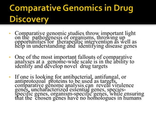 • Comparative genomic studies throw important light
on the pathogenesis of organisms, throwing up
opportunities for therapeutic intervention as well as
help in understanding and identifying disease genes
• One of the most important fallouts of comparative
analyses at a genome-wide scale is in the ability to
identify and develop novel drug targets
• If one is looking for antibacterial, antifungal, or
antiprotozoal proteins to be used as targets,
comparative genome analysis can reveal virulence
genes, uncharacterized essential genes, species-
specific genes, organism-specific genes, while ensuring
that the chosen genes have no homologues in humans
 