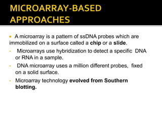  A microarray is a pattern of ssDNA probes which are
immobilized on a surface called a chip or a slide.
• Microarrays use hybridization to detect a specific DNA
or RNA in a sample.
• DNA microarray uses a million different probes, fixed
on a solid surface.
• Microarray technology evolved from Southern
blotting.
 