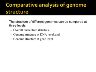 • The structure of different genomes can be compared at
three levels:
– Overall nucleotide statistics,
– Genome structure at DNA level,and
– Genome structure at gene level
 