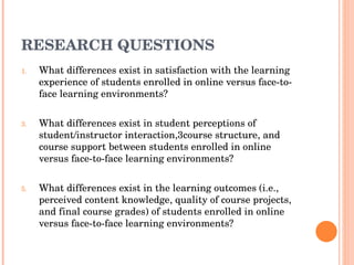 RESEARCH QUESTIONS What differences exist in satisfaction with the learning experience of students enrolled in online versus face-to-face learning environments? What differences exist in student perceptions of student/instructor interaction,3course structure, and course support between students enrolled in online versus face-to-face learning environments? What differences exist in the learning outcomes (i.e., perceived content knowledge, quality of course projects, and final course grades) of students enrolled in online versus face-to-face learning environments? 