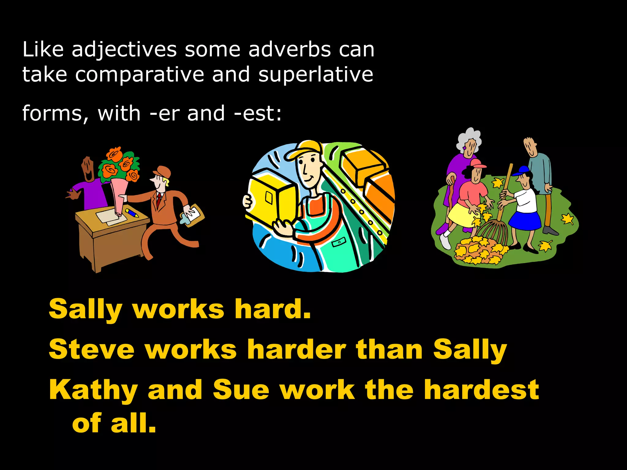 Like adjectives some adverbs can  take comparative and superlative  forms, with -er and -est:     Sally works hard. Steve works harder than Sally Kathy and Sue work the hardest of all. 