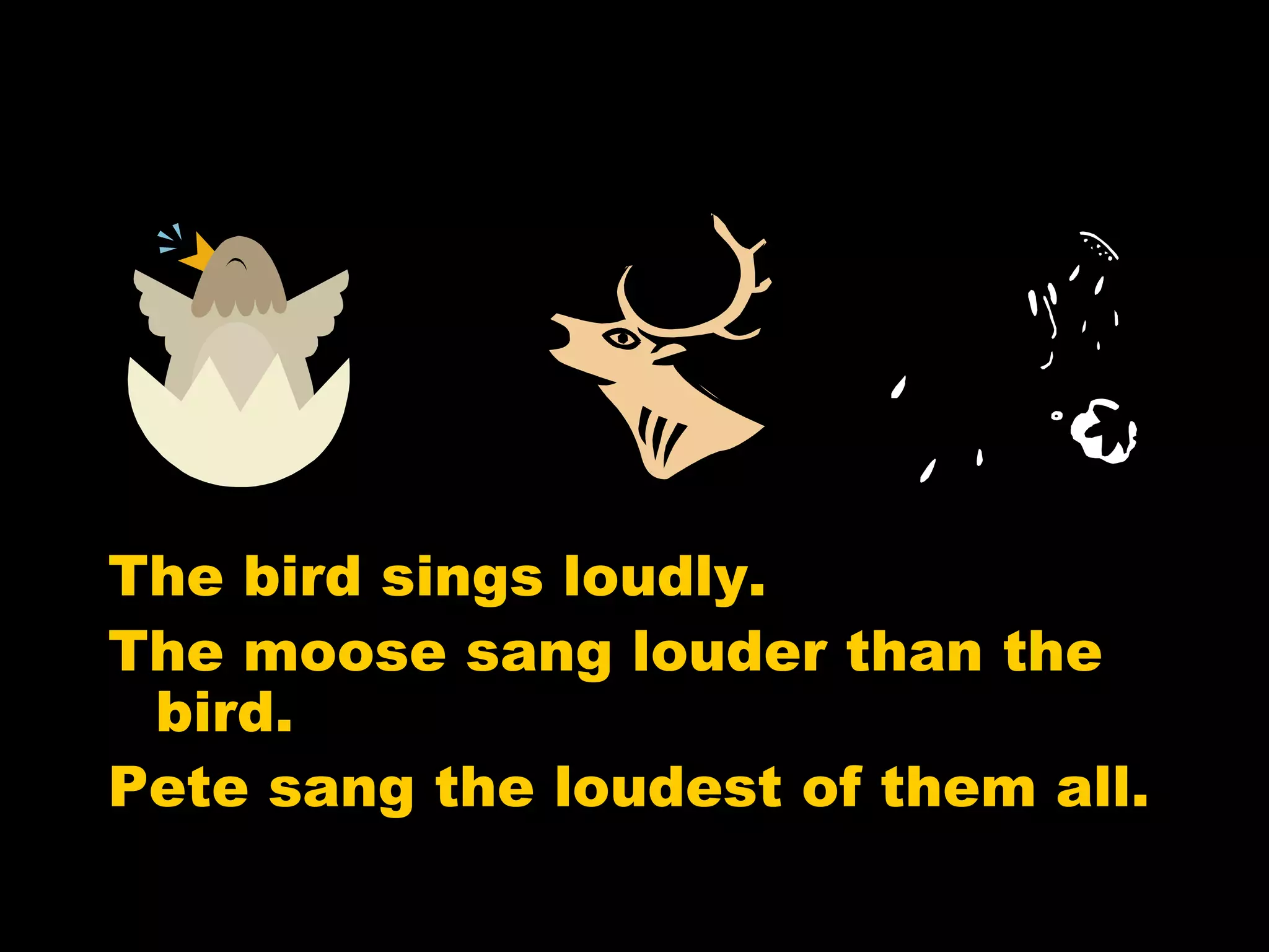 The bird sings loudly. The moose sang louder than the bird. Pete sang the loudest of them all.                                                   loud louder loudest 
