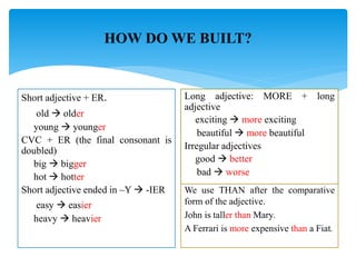 HOW DO WE BUILT?
Short adjective + ER.
old  older
young  younger
CVC + ER (the final consonant is
doubled)
big  bigger
hot  hotter
Short adjective ended in –Y  -IER
easy  easier
heavy  heavier
Long adjective: MORE + long
adjective
exciting  more exciting
beautiful  more beautiful
Irregular adjectives
good  better
bad  worse
We use THAN after the comparative
form of the adjective.
John is taller than Mary.
A Ferrari is more expensive than a Fiat.
 