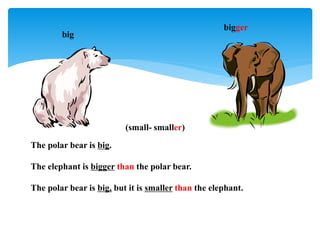 big
bigger
(small- smaller)
The polar bear is big.
The elephant is bigger than the polar bear.
The polar bear is big, but it is smaller than the elephant.
 