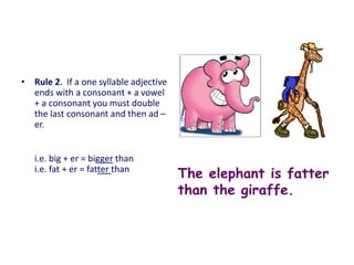 • Rule 2. If a one syllable adjective
ends with a consonant + a vowel
+ a consonant you must double
the last consonant and then ad –
er.
i.e. big + er = bigger than
i.e. fat + er = fatter than
The elephant is fatter
than the giraffe.
 