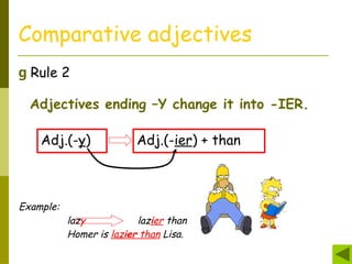 Comparative adjectives
g Rule 2
Adjectives ending –Y change it into -IER.
Adj.(-y) Adj.(-ier) + than
Example:
lazy lazier than
Homer is lazier than Lisa.
 