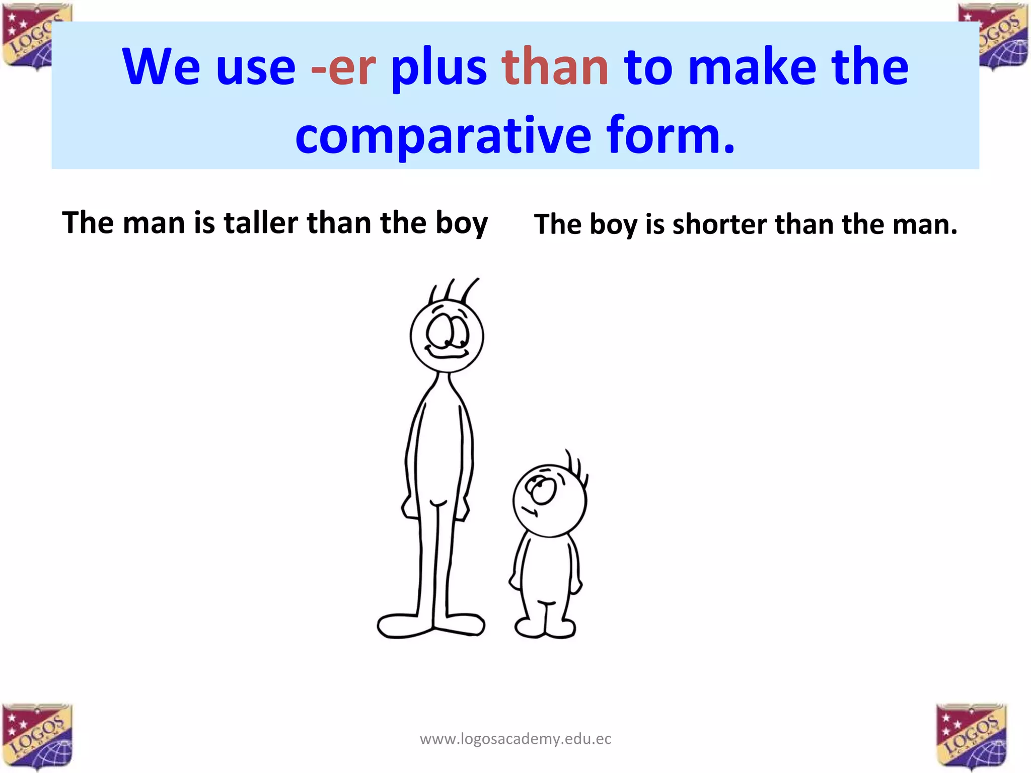 We use   -er   plus   than   to make the comparative form. The man is taller than the boy The boy is shorter than the man. www.logosacademy.edu.ec 