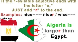 If the 1-syllable adjective ends with
the letter “e,”
JUST add “r” to the end.
Examples: nice------ nicer / wise----wiser

Algeria is
larger than
Egypt.

 