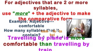 For adjectives that are 2 or more
syllables,
use “ more ” + the adjective to make
the comparative form.
Example: Adjective--comfortable
How many syllables m (p)fə(rtək ə that it
ə
contain? 1 b2 l 3 4

Travelling by plane is more
comfortable than travelling by

 
