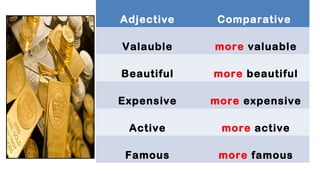 Adjective

Comparative

Valauble

more valuable

Beautiful

more beautiful

Expensive

more expensive

Active

more active

Famous

more famous

 