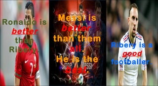 Messi is
Ronaldo is
better
better
than them
than
all.
Ribery.
He is the
best.

Ribery is a
good
footballer.

 