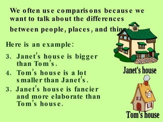 We often use comparisons because we want to talk about the differences between people, places, and things.   Here is an example: Janet’s house is bigger than Tom’s. Tom’s house is a lot smaller than Janet’s. 3.  Janet’s house is fancier and more elaborate than Tom’s house.  Tom's house Janet's house 