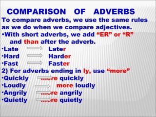 COMPARISON  OF  ADVERBS To compare adverbs, we use the same rules as we do when we compare adjectives. With short adverbs, we add  “ER” or “R” and  than  after the adverb. Late  Late r   Hard  Hard er Fast  Fast er 2) For adverbs ending in  ly,  use  “more” Quickly   more  quickly Loudly   more  loudly Angrily   more  angrily Quietly   more  quietly 