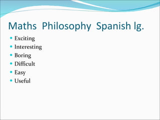 Maths  Philosophy  Spanish lg. Exciting Interesting Boring Difficult Easy Useful 