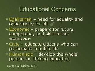 Educational Concerns Egalitarian  – need for equality and opportunity for all Economic  – prepare for future competency and skill in the workplace Civic  – educate citizens who can participate in public life Humanistic  – develop the whole person for lifelong education (Kubow & Fossum, p. 3) 