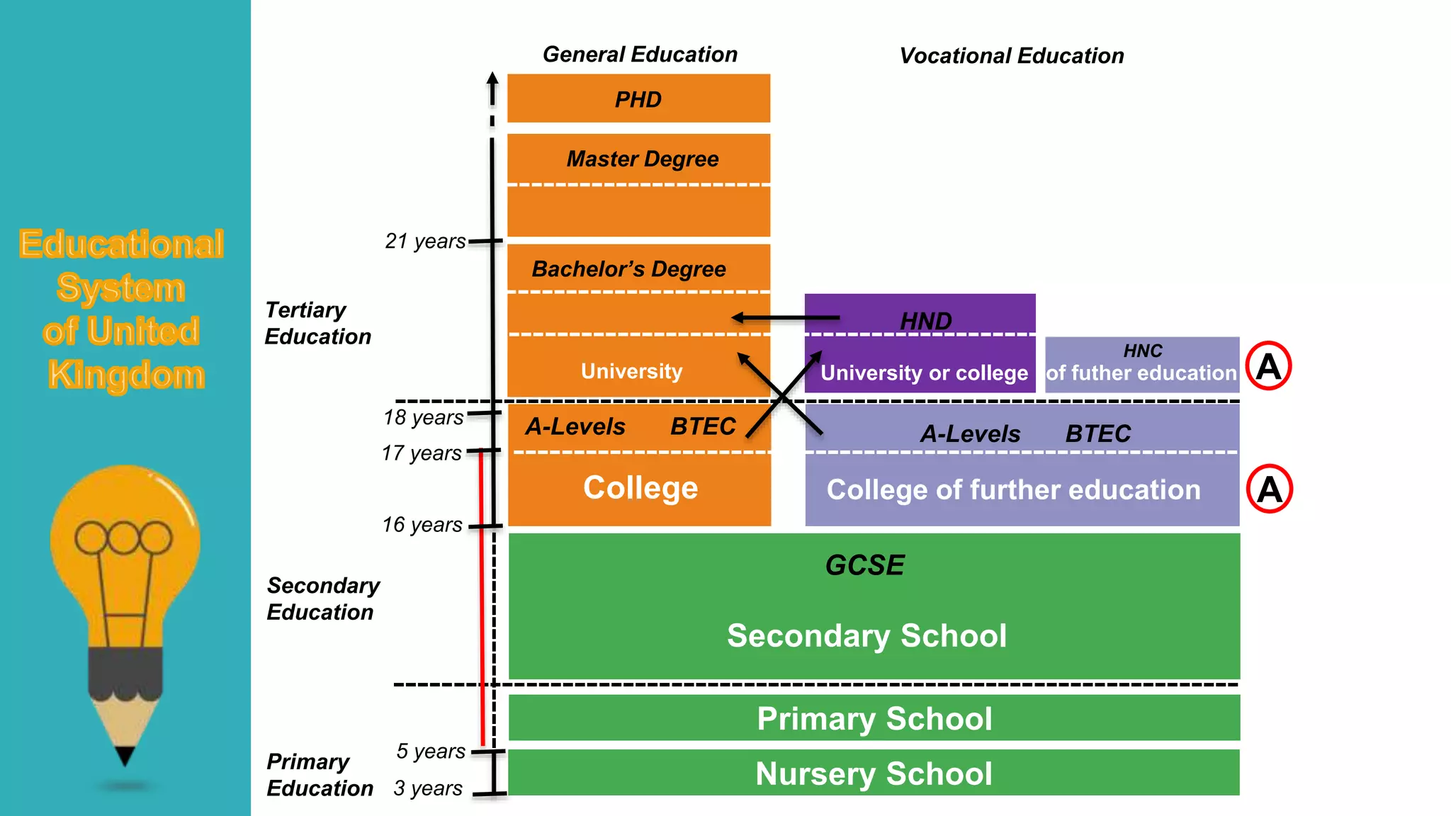 Nursery School
Primary School
----------------------------------------------------------------------
GCSE
Secondary School
------------------------------------------------------------
College
A-Levels BTEC
College of further education
A-Levels BTEC
HND
------------------------------------------------------------
University or college of futher educationUniversity
HNC
----------------------
Bachelor’s Degree
------------------------------------------------------------
Master Degree
PHD
Primary
Education 3 years
5 years
------------------
16 years
Secondary
Education
17 years
18 years
----------------------------------------------------------------------
Tertiary
Education
21 years
General Education Vocational Education
A
A
 