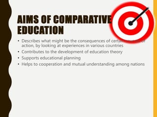 AIMS OF COMPARATIVE
EDUCATION
• Describes what might be the consequences of certain courses of
action, by looking at experiences in various countries
• Contributes to the development of education theory
• Supports educational planning
• Helps to cooperation and mutual understanding among nations
 