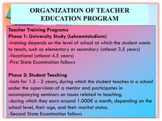 ORGANIZATION OF TEACHER
EDUCATION PROGRAM
Teacher Training Programs
Phase 1: University Study (Lehramtstudium)
-training depends on the level of school at which the student wants
to teach, such as elementary or secondary (atleast 3.5 years)
-Vocational (atleast 4.5 years)
-First State Examination follows
Phase 2: Student Teaching
-lasts for 1.5 - 2 years, during which the student teaches in a school
under the supervision of a mentor and participates in
accompanying seminars on issues related to teaching.
-during which they earn around 1.000€ a month, depending on the
school level, their age, and their marital status.
-Second State Examination follows
 