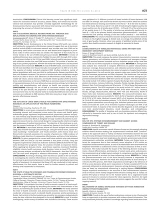 VALUE IN HEALTH 14 (2011) A1–A214                                                                          A25


termination. CONCLUSIONS: Clinical trial learning curves have signiﬁcant impli-              were published in 15 different journals all based outside of Russia between 1994
cations for outcomes research accuracy, patient safety, and overall trial success.           and 2009. On average, each article was written by seven authors. Most ﬁrst authors
Clinical trial simulation may provide a broadly applicable methodology for ad-               had medical/clinical training and resided in the USA (n 8) at the time of publica-
dressing several factors associated with clinical trial learning curve effects and for       tion of the study. Based on a scale of 1–10, with 10 indicating the highest quality, the
improving the accuracy of clinical trial outcomes.                                           mean quality score for all studies was 8.09 (SD 1.29) and 25% of the articles were
                                                                                             of fair quality (score 5–7). The quality of articles was statistically signiﬁcantly re-
PHP75
                                                                                             lated (P 0.05) to the primary health intervention (pharmaceuticals non-phar-
USE OF ELECTRONIC MEDICAL RECORDS FROM 2001 THROUGH 2010:
                                                                                             maceuticals) and primary training of the ﬁrst author (medical            non-medical).
IMPLICATIONS FOR COMPARATIVE EFFECTIVENESS RESEARCH
                                                                                             CONCLUSIONS: The conduct of health economics and pharmacoeconomics research
Anastassopoulos KP1, Mann R2, Knight TG1, Sudharshan L1, Ackerman SJ2
1                                                                                            in Russia in the English language is limited and, on average, the published articles
 Covance Market Access Services, Inc., Gaithersburg, MD, USA, 2Covance Market Access
Services, Inc., San Diego, CA, USA
                                                                                             were of good quality. However, about one-quarter of published articles were of fair
OBJECTIVES: Recent developments in the United States (US) health care reform                 quality. More health economics research in English is warranted in Russia.
and funding for comparative effectiveness research suggest that use of electronic            PHP78
medical records (EMR) in outcomes research may increase over time. EMR can be                CHARACTERISTICS OF HOMELESS INDIVIDUALS USING INPATIENT AND
particularly useful when outcomes are not well-deﬁned with diagnosis or proce-               EMERGENCY DEPARTMENT SERVICES
dures codes or when clinical data are needed. The objective of this study was to             Karaca Z, Wong H, Mutter R
review trends in the use of EMR during the past decade. METHODS: A review of                 Agency for Healthcare Research and Quality (AHRQ), Rockville, MD, USA
published literature was conducted in PubMed for years 2001 through 2010 to iden-            OBJECTIVES: This study compares the patient characteristics, insurance coverage,
tify outcomes studies in the US that used EMR. Internal quality assurance studies            disease prevalence, and utilization patterns of inpatient and emergency depart-
and validation studies that used EMR were excluded. The number of studies, set-              ment (ED) services between homeless and non-homeless people using a new data
ting of care, patient population, whether the study was comparative, and any noted           source that has not been employed in existing studies. METHODS: A retrospective
limitations were examined. RESULTS: A total of 58 EMR-based, outcomes studies in             data analysis was conducted to compare differences in patient characteristics,
the US were identiﬁed over the past decade; increasing from 3 in 2001 to 12 in 2010.         insurance coverage, disease prevalence, and utilization patterns between home-
The majority of studies included outpatient EMR. Studies included a variety of               less and non-homeless individuals who visited a hospital or hospital-based emer-
patient populations with over one-third in cardiovascular disease, psychiatric dis-          gency department. For each service type, separate rates were created for homeless
ease, and diabetes combined. The percent of studies that were comparative ranged             and non-homeless populations and then compared. The Healthcare Cost and Uti-
from 0% in 2001 to 45% in 2010. Measures of effectiveness varied widely and in-              lization Project (HCUP) State Inpatient Databases (SID) and State Emergency De-
cluded lab values, clinical measures, and health-related quality-of-life outcomes.           partment Databases (SEDD) for 2008 were used in the analysis. The SID employed in
Some noted limitations on the use of EMR data in outcomes research included lack             this study include 15.9 million inpatient hospital discharges from community hos-
of representativeness of all care delivered across practice settings, lack of general-       pitals in ten states – Arizona, California, Colorado, Florida, Georgia, Massachusetts,
izability and standardization, and reliance on health care provider reporting.               Missouri, New York, Pennsylvania and Wisconsin. 177,056 of these discharges were
CONCLUSIONS: Although the use of EMR in outcomes research has increased                      homeless patients. The SEDD employed in this study include 23.7 million visits to
slowly in the past decade, the proportion of comparative studies using EMR has               ED, where patients were treated and released, from seven states (i.e., Arizona,
increased over time. As the industry works to standardize EMR and more advanced              Florida, Georgia, Massachusetts, Missouri, New York and Wisconsin). 49,595 of
outcomes are collected in EMR systems, EMR data may play a larger role in com-               these visits were homeless patients. RESULTS: The uninsured homeless (non-
parative effectiveness research.                                                             homeless) patients were accountable for 28.1% (4.6%) of inpatient admissions and
                                                                                             42.85 (21%) of ED visits. Medicaid covered 48.2% of all inpatient discharges and
PHP76
                                                                                             34.7% of all ED visits by homeless patients. 73.7% (50.6%) of homeless (non-home-
THE OUTLOOK OF LARGE SIMPLE TRIALS FOR COMPARATIVE EFFECTIVENESS                             less) inpatient admissions came through EDs. Homeless patients with mental dis-
RESEARCH: AN APPLICATION OF THE PRECIS FRAMEWORK                                             orders accounted for 22.4% of all homeless inpatient discharges and 49% of all
Vincent L
                                                                                             homeless ED visits. A majority of the mental disorder diagnosis in both settings of
Quintiles Global Consulting, Hawthorne, NY, USA
                                                                                             care were alcohol-related disorders, mood disorders, and schizophrenia.
OBJECTIVES: In recent years, comparative effectiveness research (CER) has gained
                                                                                             CONCLUSIONS: The proﬁle of homeless and non-homeless patients differed sig-
increasing interest and investment across major life science and health policy
                                                                                             niﬁcantly by insurance status and by race in both the inpatient and emergency
stakeholder groups: regulators, biopharmaceuticals, physicians, patients, and pay-
                                                                                             department settings.
ers. One method, large simple trial (LST), a hybrid of observational cohort study and
randomized control trial (RCT), is designed for large numbers of patients in post-           PHP79
approval research and is a choice study design for comparing the relative strengths          ROLE OF HTA SYSTEMS IN REIMBURSEMENT AND MARKET ACCESS:
and weaknesses of medical interventions. The objective of this study was to eval-            COMPARISON OF TURKEY AND POLAND
uate the current landscape of LSTs to capture key themes in the future outlook of            Kirpekar S, Shankland B, Dummett H
CER. METHODS: A structured abstract review and funnel analysis was conducted                 Double Helix Consulting, London, UK
using data available through ClinicalTrials.gov. Using the search terms, “phase IV”,         OBJECTIVES: Health economies outside Western Europe are increasingly adopting
“post-marketing”, “randomized”, and “multi-centered”, 2230 clinical trials were              evidence-based decision-making, but implementation methods differ. Common-
ﬁltered with restricted parameters for number of patients (n 1000), evidence of              alities in the approach taken in Turkey and Poland nevertheless illustrate the role
blinding, stated objective of comparative effectiveness, and date of trial initiation.       of a previously developed reimbursement process in the adoption of HTA. Insights
RESULTS: To gain a perspective on current and future outlook, only trials initiated          from this comparison may have implications for industry, government and private
between 2009 and 2010 (n 10) were assessed in this phase of study. Using the                 reimbursement authorities worldwide. METHODS: Turkey and Poland were se-
Pragmatic Explanatory Continuum Indicator Summary (PRECIS) framework origi-                  lected for comparison due to their relatively recent adoption of HTA within an
nally developed for pragmatic trials, the analysis revealed an important theme.              established reimbursement system. A total of 18 stakeholders were interviewed via
When applying key domain criteria – practitioner expertise, treatment ﬂexibility,            telephone interviews to understand current and future utilisation of HTA in reim-
eligibility criteria, health outcomes, study duration, intent-to-treat (ITT), and pri-       bursement. The study evaluated the impact of the following decision-making do-
mary outcome analysis, as deﬁned by the PRECIS framework – less than 50% of the              mains: clinical differentiation, prioritisation of unmet needs, price, and presenta-
LST CER trials were designed to measure effectiveness, as opposed to efﬁcacy.                tion requirements (e.g. budget impact analysis). A comparison was then made on a
CONCLUSIONS: According to ﬁndings, there has been an uptake on the use of LSTs               rating scale devised to account for these inﬂuencing factors. RESULTS: In Turkey
in investigating the relative effectiveness of interventions. However, considering           the pharmacoeconomics unit of the Social Security Institute is responsible for
the increase in governmental pressure to reduce healthcare spending by improving             economic evaluation. However the Polish HTA body AHTAPol is more directly in-
quality of treatment; it is important that these LSTs are conducted to truly capture         volved in the HTA process. All 9 Polish respondents scored high on the inﬂuence of
effectiveness. For that reason, there is need for further research to extract and            HTA in access decisions while just 2 respondents in Turkey considered HTA to be
develop new frameworks for evaluation.                                                       extremely inﬂuential in reimbursement. However, pricing decisions in both coun-
                                                                                             tries are based on international referencing to varying degrees. CONCLUSIONS:
PHP77                                                                                        Despite superﬁcial similarities in the structure of their reimbursement systems,
THE STATE OF HEALTH ECONOMICS AND PHARMACOECONOMICS RESEARCH                                 HTA in Poland is more closely integrated with decision making than in Turkey. At
IN RUSSIA: A SYSTEMATIC REVIEW                                                               present HTA plays a formal role in the Turkish system but a negotiation-based
Gavaza P1, Shepherd MD2, Shcherbakova N3, Khoza S3                                           approach remains to customary channel for value arguments. However, the rapid
1
 Appalachian College of Pharmacy, Oakwood, VA, USA, 2Center for Pharmacoeconomic Studies,
                                                                                             pace of change in the Turkish reimbursement system suggests the need for further
College of Pharmacy, University of Texas at Austin, Austin, TX, USA, 3Division of Pharmacy
                                                                                             ongoing research.
Administration, College of Pharmacy, University of Texas at Austin, Austin, TX, USA
OBJECTIVES: To investigate the state of health economic research in Russia avail-            PHP80
able in the English language by describing the number and characteristics of the             RELATIONSHIP OF HERBAL KNOWLEDGE TOWARDS ATTITUDE FORMATION
articles, and assessing the quality of these articles. METHODS: The study assessed           AMONG FUTURE PHARMACISTS
the state of health economics and pharmacoeconomics research in Russia. We                   Sura SD, Chabria A, Sansgiry S
conducted a literature search to identify health economics articles pertaining to            University of Houston, Houston, TX, USA
Russia. Each article in the ﬁnal sample was scored by two reviewers independently            OBJECTIVES: Trends in the use of herbal medications continue to rise. Pharmacists
using the data-collection form designed for the study. RESULTS: In total, 16 studies         have an opportunity to provide consumers with evidence based information. This
investigating a wide variety of diseases were included in the study. These articles          study examined pharmacy student’s knowledge regarding herbal medication from
 