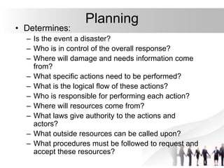 10
Planning
• Determines:
– Is the event a disaster?
– Who is in control of the overall response?
– Where will damage and needs information come
from?
– What specific actions need to be performed?
– What is the logical flow of these actions?
– Who is responsible for performing each action?
– Where will resources come from?
– What laws give authority to the actions and
actors?
– What outside resources can be called upon?
– What procedures must be followed to request and
accept these resources?
 