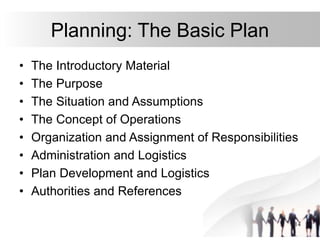 14
Planning: The Basic Plan
• The Introductory Material
• The Purpose
• The Situation and Assumptions
• The Concept of Operations
• Organization and Assignment of Responsibilities
• Administration and Logistics
• Plan Development and Logistics
• Authorities and References
 