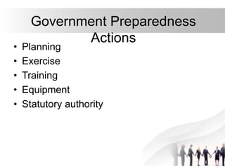 9
Government Preparedness
Actions
• Planning
• Exercise
• Training
• Equipment
• Statutory authority
 