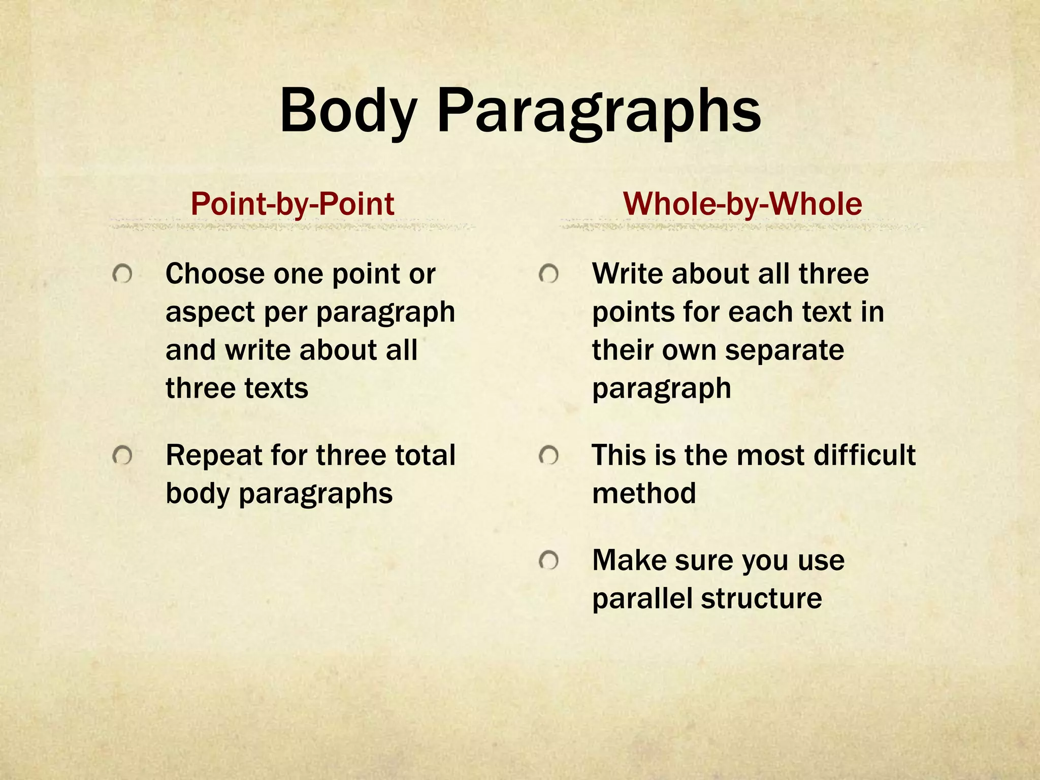 Body Paragraphs
 Point-by-Point            Whole-by-Whole
Choose one point or      Write about all three
aspect per paragraph     points for each text in
and write about all      their own separate
three texts              paragraph

Repeat for three total   This is the most difficult
body paragraphs          method

                         Make sure you use
                         parallel structure
 