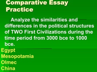 Comparative Essay
Practice
Analyze the similarities and
differences in the political structures
of TWO First Civilizations during the
time period from 3000 bce to 1000
bce.
Egypt
Mesopotamia
Olmec
China
 