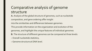 Comparative analysis of genome
structure
A. Analysis of the global structure of genomes, such as nucleotide
composition, and gene ordering offer insight
into the similarities and differences between genomes.
This provide information on the organization and evolution of the
genomes, and highlight the unique features of individual genomes
B. The structure of different genomes can be compared at three levels:
– Overall nucleotide statistics,
– Genome structure at DNA level.
 