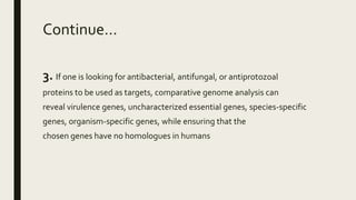 Continue…
3. If one is looking for antibacterial, antifungal, or antiprotozoal
proteins to be used as targets, comparative genome analysis can
reveal virulence genes, uncharacterized essential genes, species-specific
genes, organism-specific genes, while ensuring that the
chosen genes have no homologues in humans
 