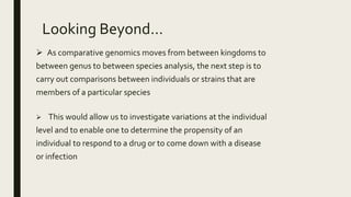 Looking Beyond…
 As comparative genomics moves from between kingdoms to
between genus to between species analysis, the next step is to
carry out comparisons between individuals or strains that are
members of a particular species
 This would allow us to investigate variations at the individual
level and to enable one to determine the propensity of an
individual to respond to a drug or to come down with a disease
or infection
 