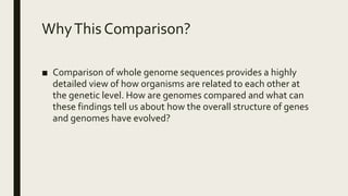 WhyThis Comparison?
■ Comparison of whole genome sequences provides a highly
detailed view of how organisms are related to each other at
the genetic level. How are genomes compared and what can
these findings tell us about how the overall structure of genes
and genomes have evolved?
 