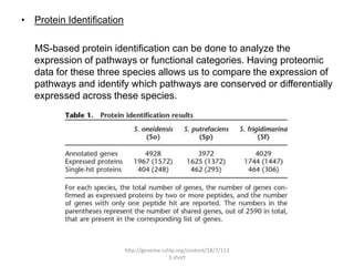 • Protein Identification

   MS-based protein identification can be done to analyze the
   expression of pathways or functional categories. Having proteomic
   data for these three species allows us to compare the expression of
   pathways and identify which pathways are conserved or differentially
   expressed across these species.




                           http://genome.cshlp.org/content/18/7/113
                                            3.short
 