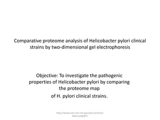 Comparative proteome analysis of Helicobacter pylori clinical
     strains by two-dimensional gel electrophoresis




         Objective: To investigate the pathogenic
      properties of Helicobacter pylori by comparing
                    the proteome map
                of H. pylori clinical strains.


                   http://www.ncbi.nlm.nih.gov/pmc/articles/
                                PMC3190097/
 