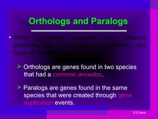 Orthologs and Paralogs
• While comparing sequence from different
genomes, we must distinguish between two
types of closely related sequences:
 Orthologs are genes found in two species
that had a common ancestor.
 Paralogs are genes found in the same
species that were created through gene
duplication events.
S S Jena
 
