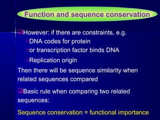 Function and sequence conservation
However: if there are constraints, e.g.
oDNA codes for protein
oor transcription factor binds DNA
oReplication origin
Then there will be sequence similarity when
related sequences compared
Basic rule when comparing two related
sequences:
Sequence conservation = functional importance
 