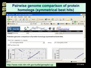 Pairwise genome comparison of protein
homologs (symmetrical best hits)
http://www.ncbi.nlm.nih.gov/sutils/geneplot.cgi S S Jena
 