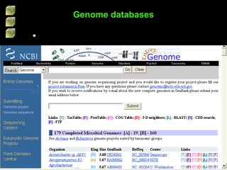 Genome databases
• Genomes at NCBI, EBI, TIGR
 