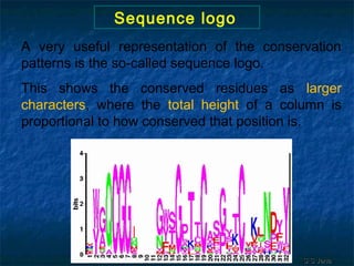 Sequence logo
A very useful representation of the conservation
patterns is the so-called sequence logo.
This shows the conserved residues as larger
characters, where the total height of a column is
proportional to how conserved that position is.
S S JenaS S Jena
 
