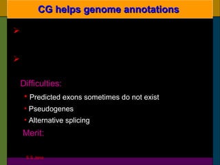 CG helps genome annotationsCG helps genome annotations
In prokaryotes, finding genes is relatively
easy based on open reading frames (ORFs)
In eukaryotes, we have to look for ORFs,
exons, introns, splice sites, polyA sites
Difficulties:
• Predicted exons sometimes do not exist
• Pseudogenes
• Alternative splicing
Merit: In different species, the genes normally
have similar exon-intron structure
S S Jena
 
