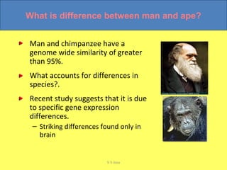 What is difference between man and ape?
Man and chimpanzee have a
genome wide similarity of greater
than 95%.
What accounts for differences in
species?.
Recent study suggests that it is due
to specific gene expression
differences.
– Striking differences found only in
brain
S S Jena
 